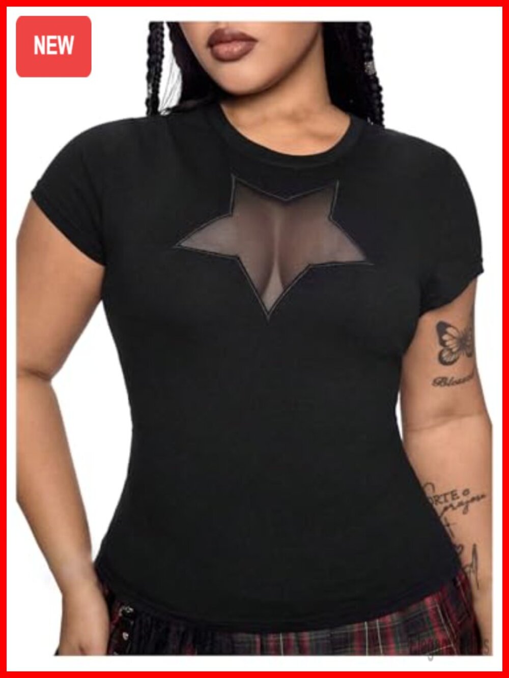 Plus Size Y2K Star Mesh Short Sleeve Crew Neck T-Shirt Slim Fit